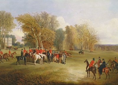 A hunt meet in a parkland with a country house by John Dalby